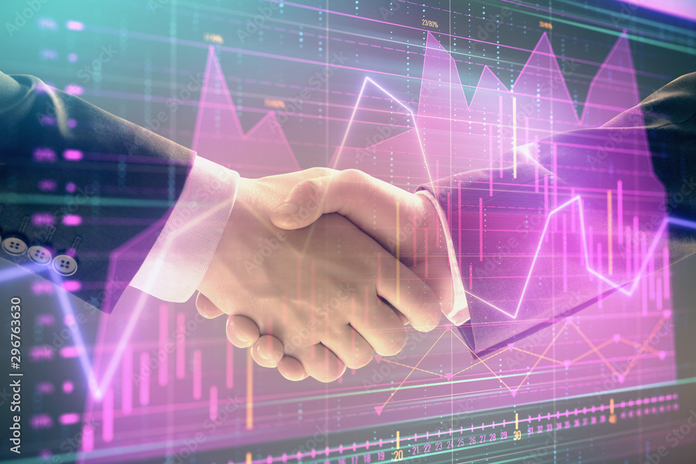 Multi exposure of forex graph on abstract background with two businessmen handshake. Concept of success on stock market Multi exposure of forex graph on abstract background with two businessmen handshake. Concept of success on stock market
