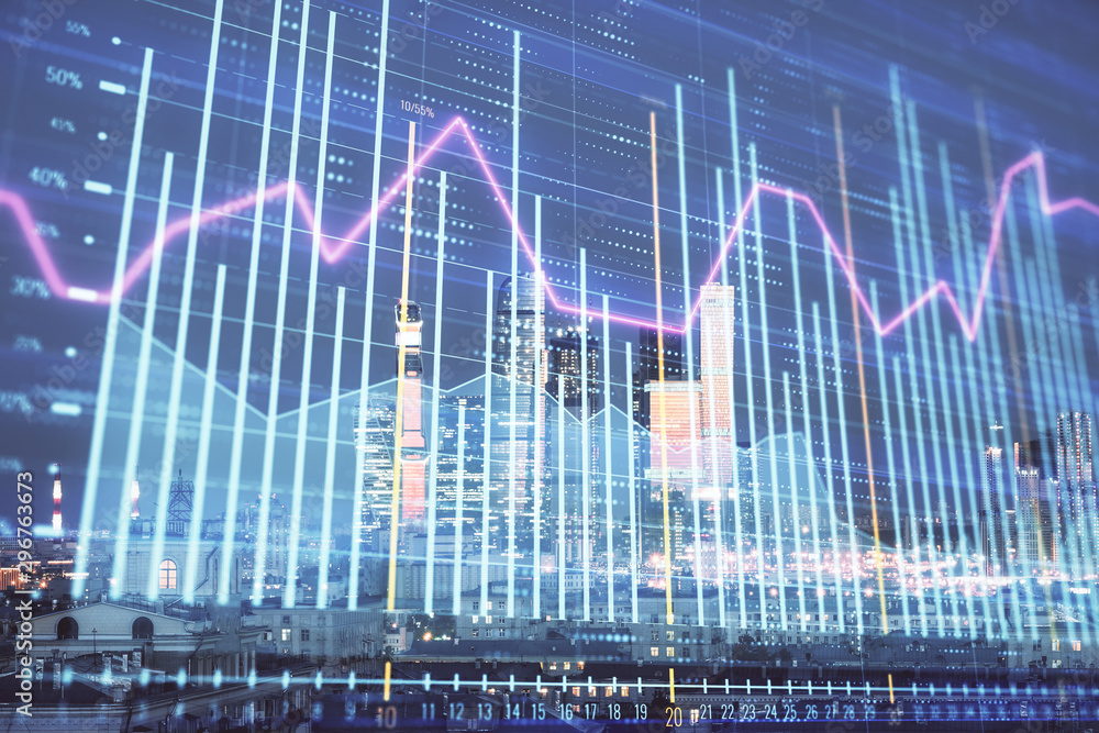 Naklejka premium Double exposure of financial chart on Moscow city downtown background. Concept of stock market analysis
