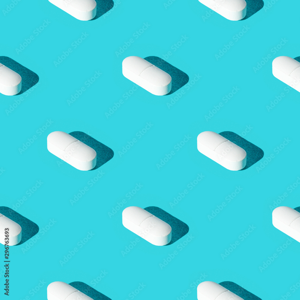 Seamless texture pattern. Pills on a green background. Set. Long harsh shadow from the summer sunshine