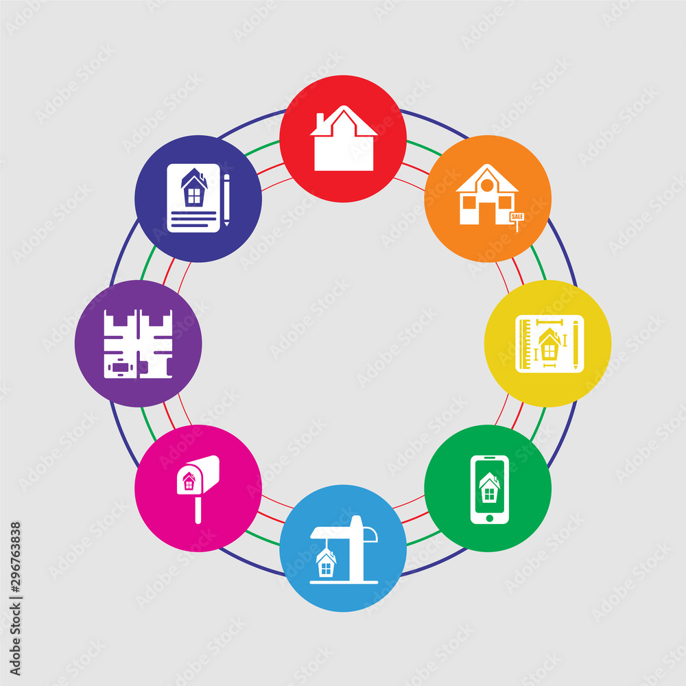 8 colorful round icons set included contract, print, mailbox, building, smartphone, print, for sale, line chart 8 colorful round icons set included contract, print, mailbox, building, smartphone, print, for sale, line chart