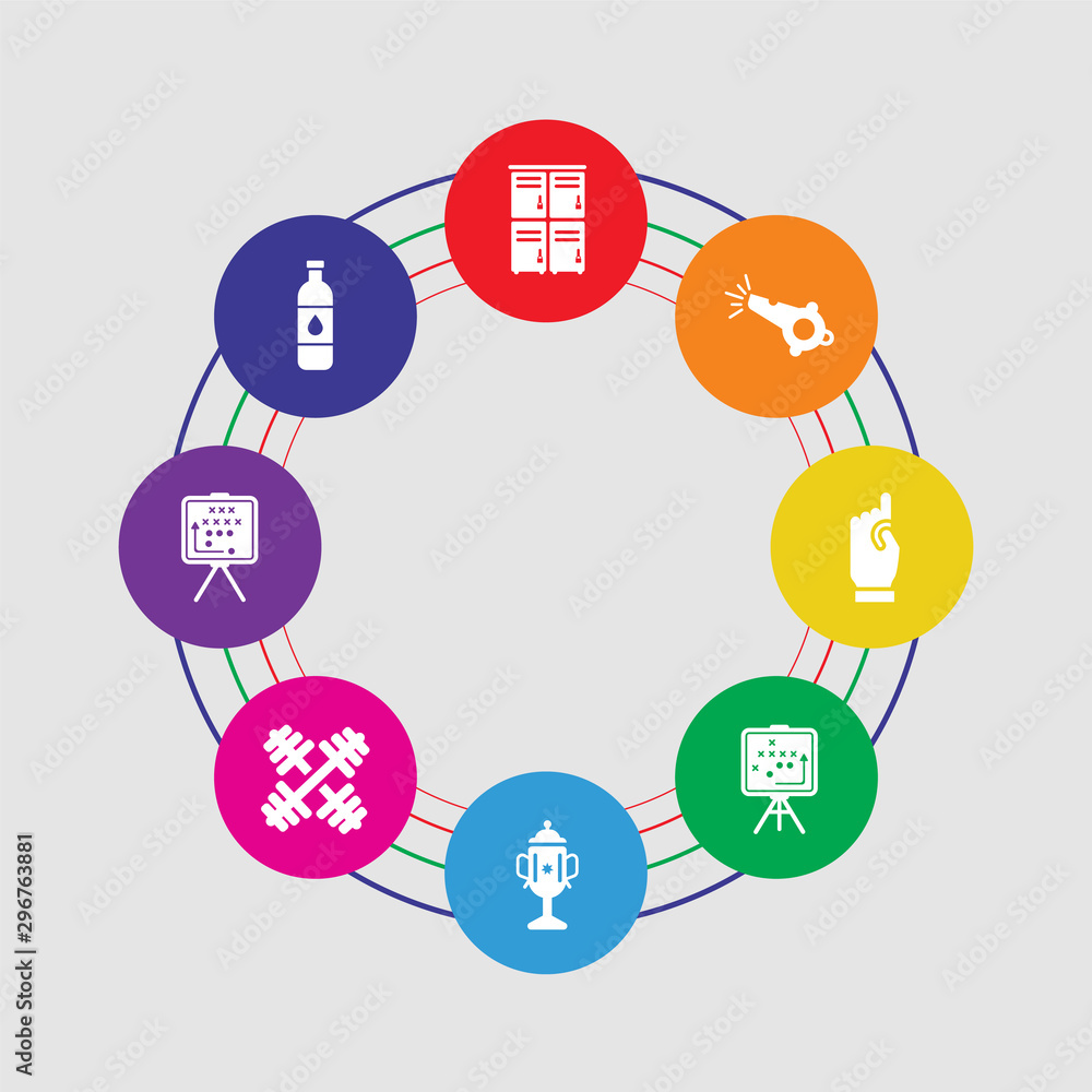 8 colorful round icons set included bottle of water, american football strategy, barbell, american football cup, position, foam finger, whistle, lockers 8 colorful round icons set included bottle of water, american football strategy, barbell, american football cup, position, foam finger, whistle, lockers