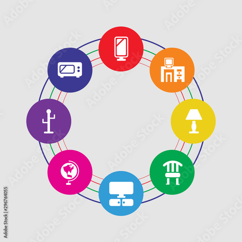 8 colorful round icons set included microwave, rack, globe, television, chair, lamp, computer, mirror © TOPVECTORSTOCK