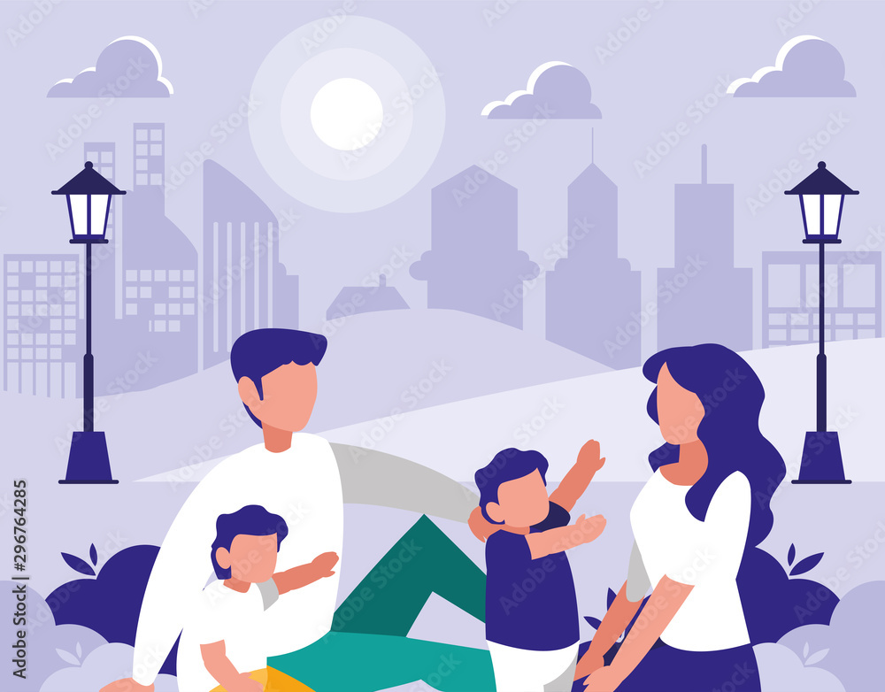 couple of parents and children in park in the city, scene of people outdoor couple of parents and children in park in the city, scene of people outdoor