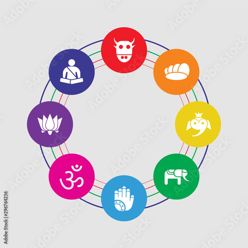 8 colorful round icons set included meditation, lotus, om, henna painted hand, elephant, ganesha, conch shell, sac cow