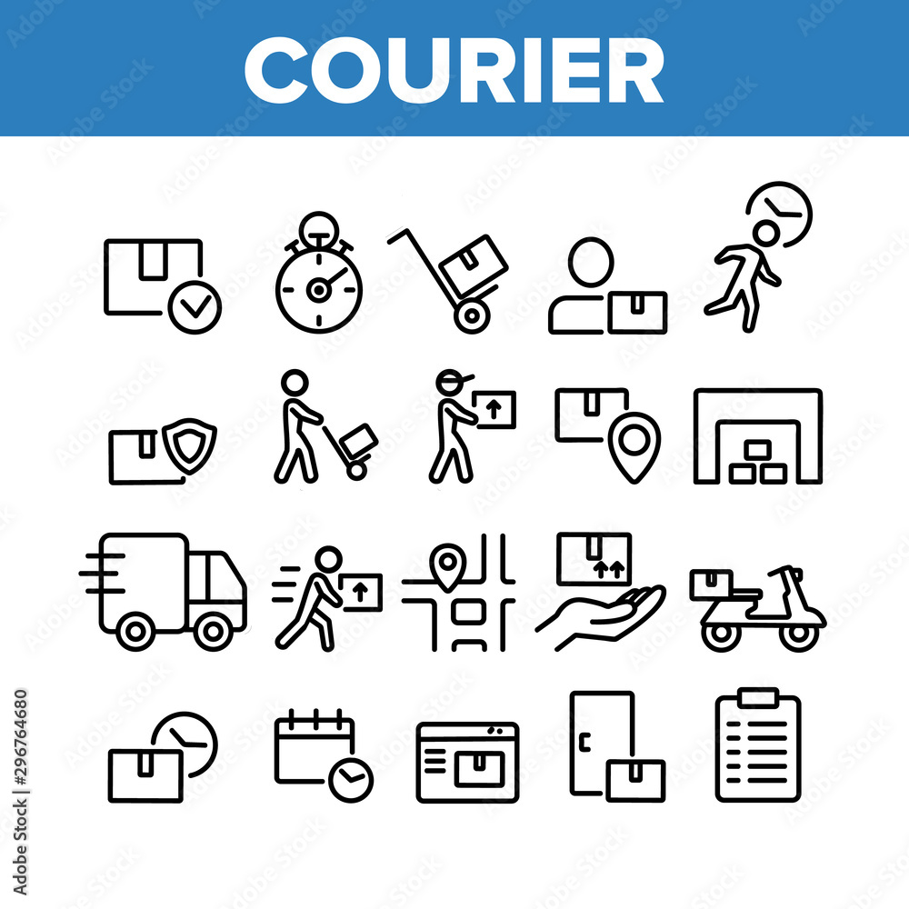 Courier Post Collection Elements Icons Set Vector Thin Line. Human Silhouette With Cart And Box, Truck And Motorbike Courier Service Concept Linear Pictograms. Monochrome Contour Illustrations