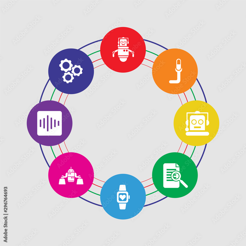 8 colorful round icons set included machine, speech, shop assistant, wristwatch, detection, robot, medicine, robot 8 colorful round icons set included machine, speech, shop assistant, wristwatch, detection, robot, medicine, robot