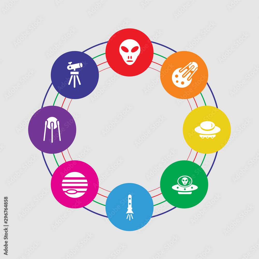 8 colorful round icons set included telescope pointing up, sputnik, venus with satellite, rocket flying, alien with aqualung, big ufo, sputnik, little extraterrestial 8 colorful round icons set included telescope pointing up, sputnik, venus with satellite, rocket flying, alien with aqualung, big ufo, sputnik, little extraterrestial