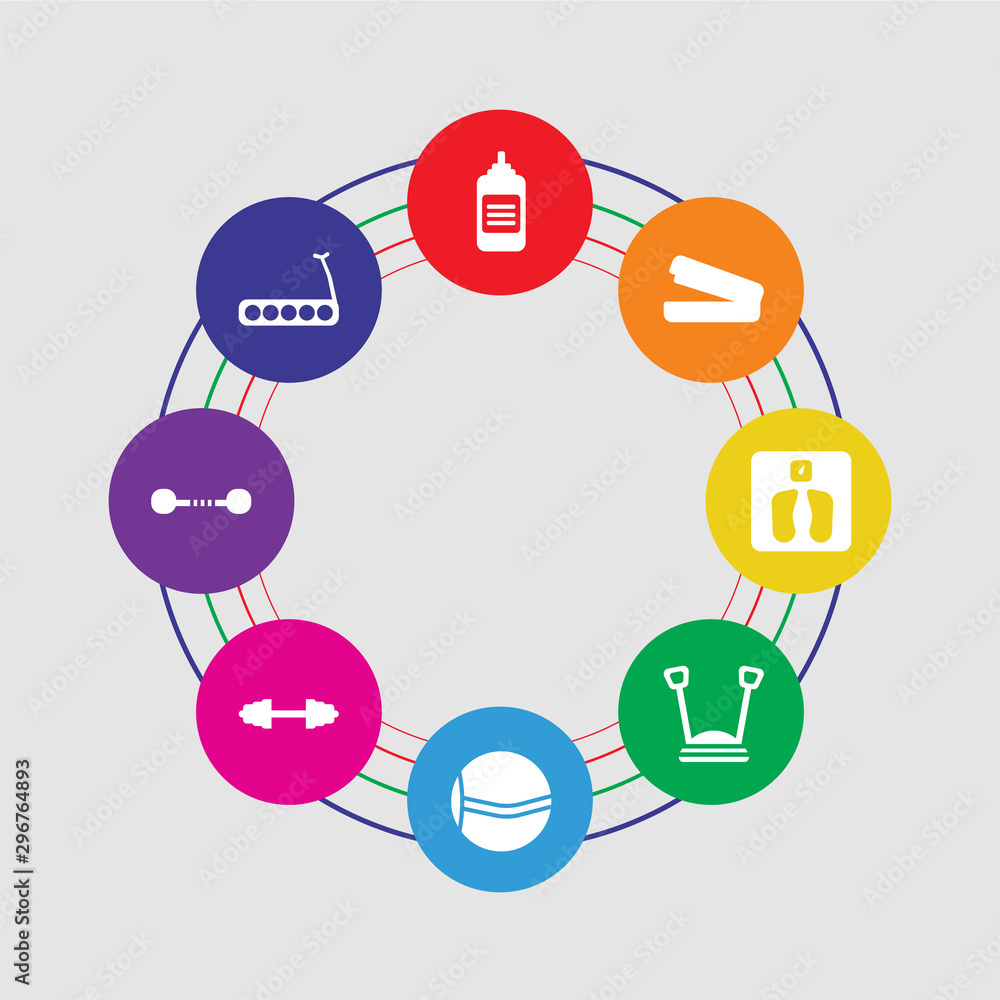 8 colorful round icons set included treadmill, dumbbell, dumbbell, ball, balance, weight scale, step, bottle 8 colorful round icons set included treadmill, dumbbell, dumbbell, ball, balance, weight scale, step, bottle