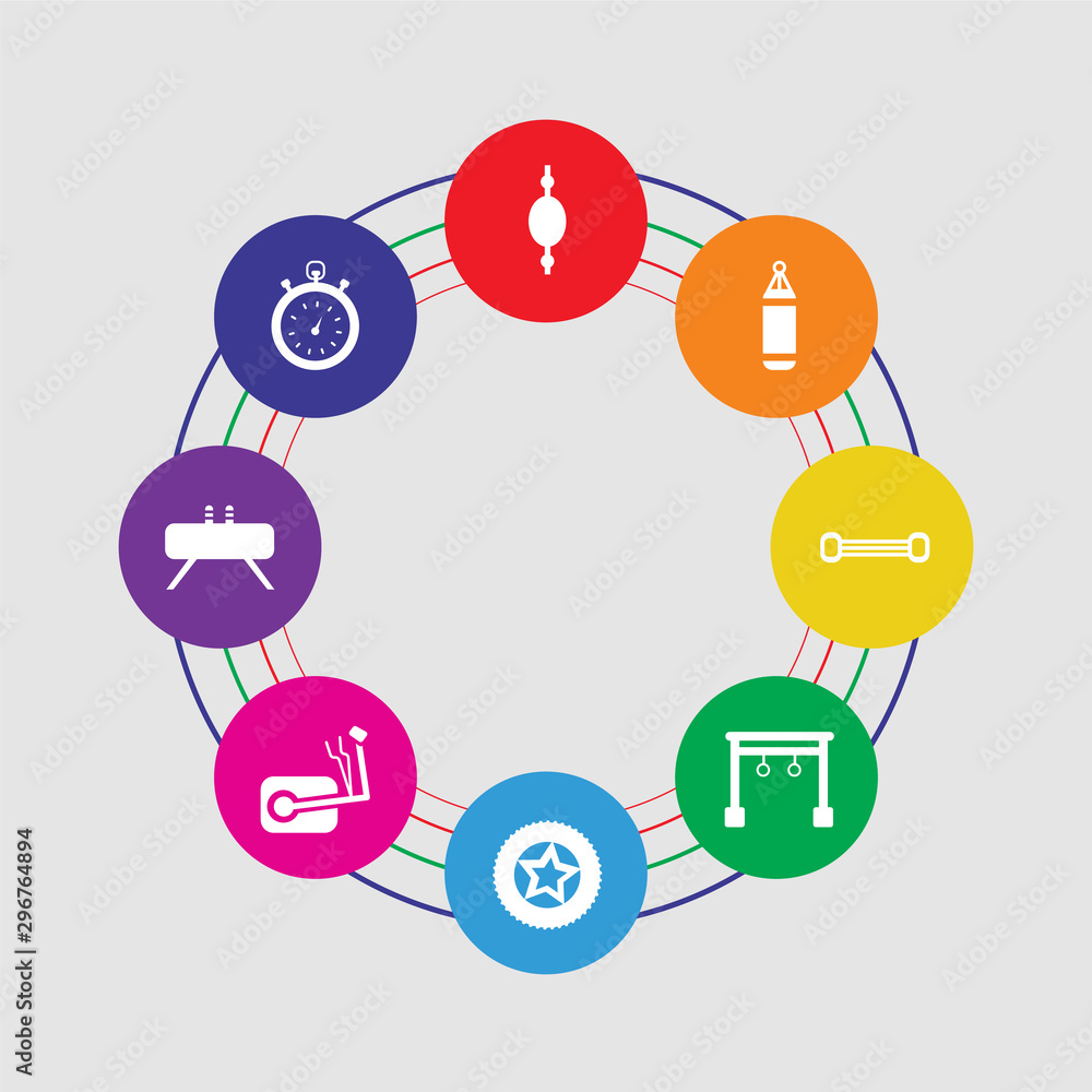 8 colorful round icons set included stopwatch, buck, elliptical, tire, rings, chest expander, punching bag, punching ball 8 colorful round icons set included stopwatch, buck, elliptical, tire, rings, chest expander, punching bag, punching ball
