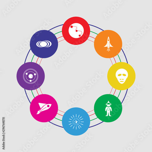 8 colorful round icons set included black hole, planet, rocket ship, star, astronaut, alien, space shuttle, big dipper