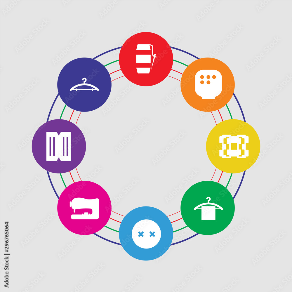 8 colorful round icons set included hanger, material, sewing machine, button, hanger, frame, arras, spool 8 colorful round icons set included hanger, material, sewing machine, button, hanger, frame, arras, spool