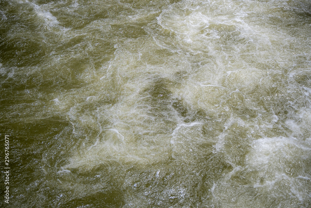 Closeup of flowing water and spray in river for background, copy space and wallpaper