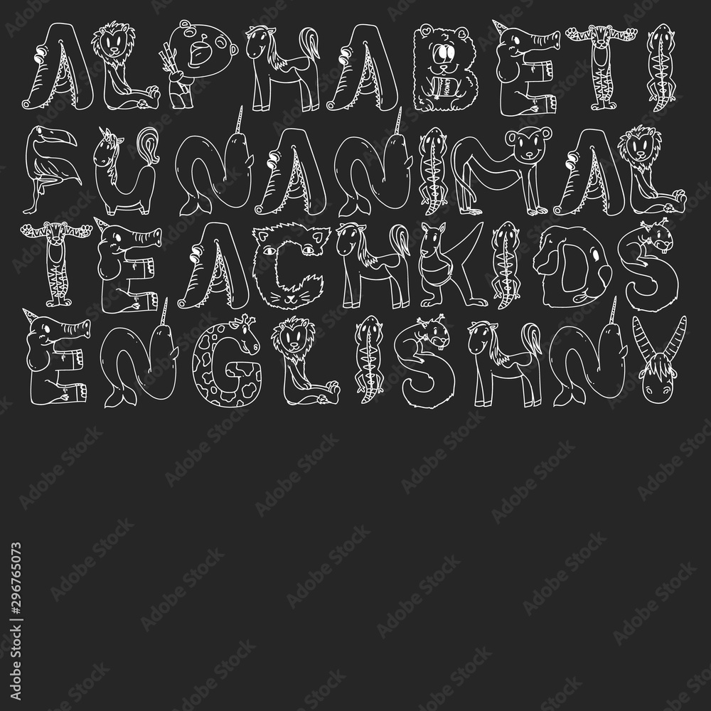 Animal alphabet. Zoo alphabet. Letters from A to Z. Cartoon cute animals. Elephant, dog, flamingo, giraffe, horse, alligator, bear, cat. Animal alphabet. Zoo alphabet. Letters from A to Z. Cartoon cute animals. Elephant, dog, flamingo, giraffe, horse, alligator, bear, cat.