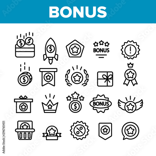 Bonus Loyalty Collection Elements Icons Set Vector Thin Line. Dollar Mark On Rocket, Coins And Credit Card, Present Box And Crown Bonus Concept Linear Pictograms. Monochrome Contour Illustrations