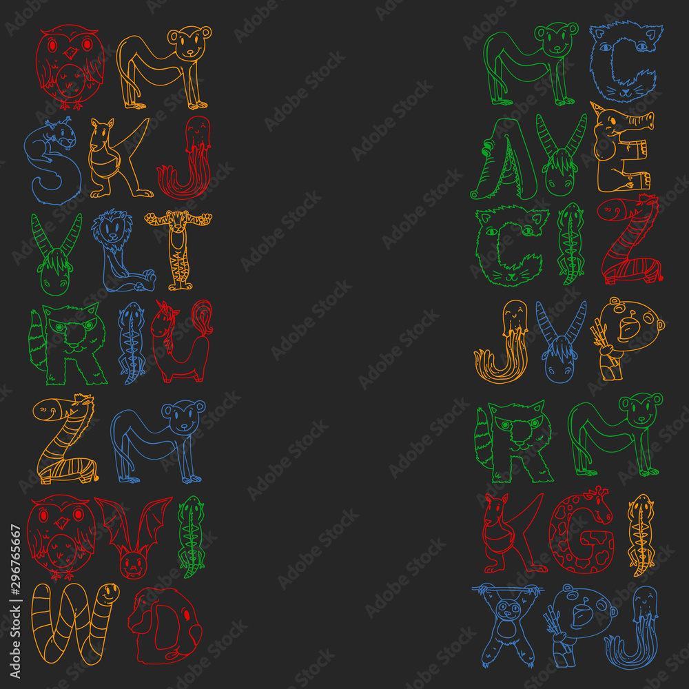 Animal alphabet. Zoo alphabet. Letters from A to Z. Cartoon cute animals. Elephant, dog, flamingo, giraffe, horse, alligator, bear, cat.