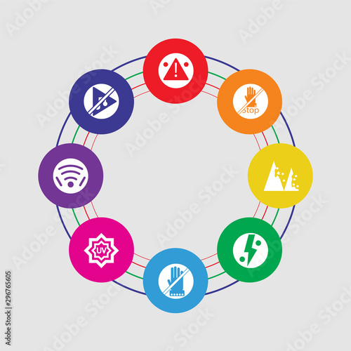 8 colorful round icons set included music, wireless, uv ray warning, do not touch, lightning warning, landslide, stop, attention