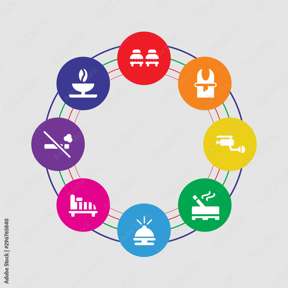 8 colorful round icons set included coffee, no smoking, bed, bell, smoking, cctv, bathrobe, beds 8 colorful round icons set included coffee, no smoking, bed, bell, smoking, cctv, bathrobe, beds