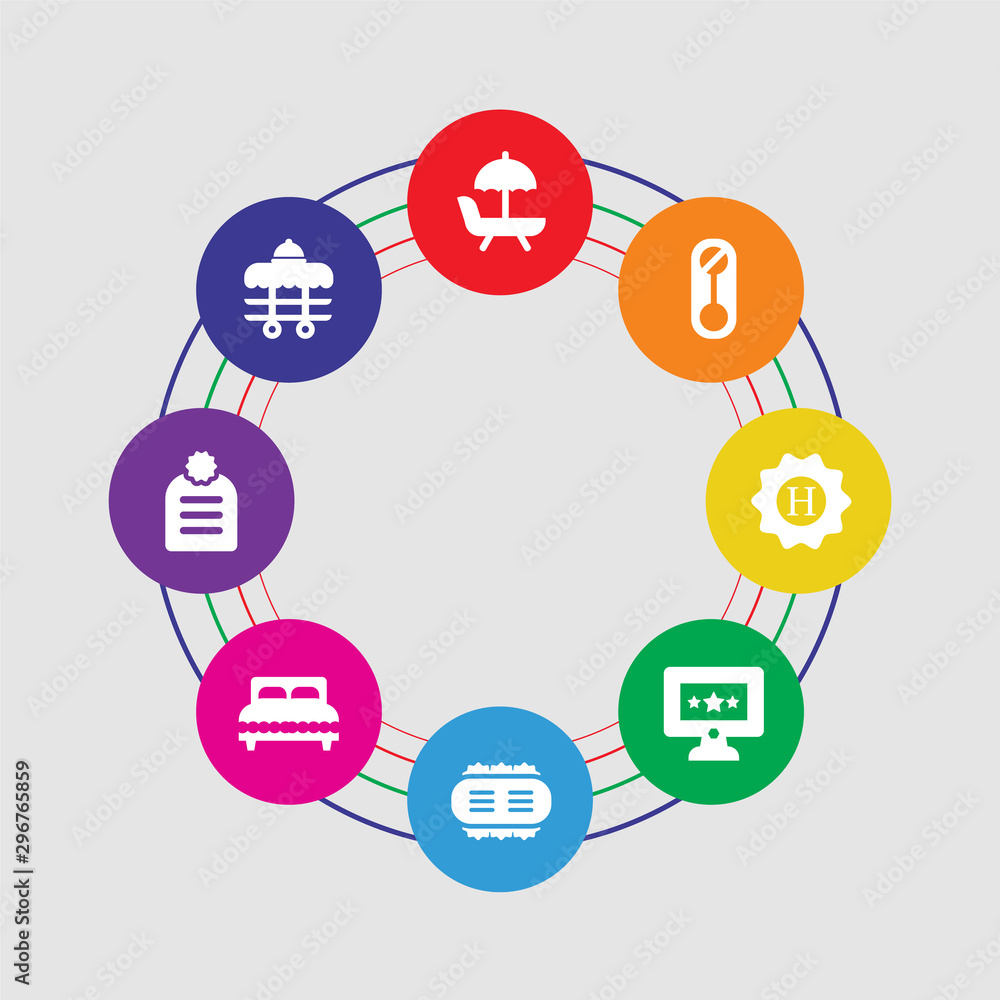 8 colorful round icons set included room service, agenda, bed, menu, monitor, hotel, doorknob, hammock 8 colorful round icons set included room service, agenda, bed, menu, monitor, hotel, doorknob, hammock