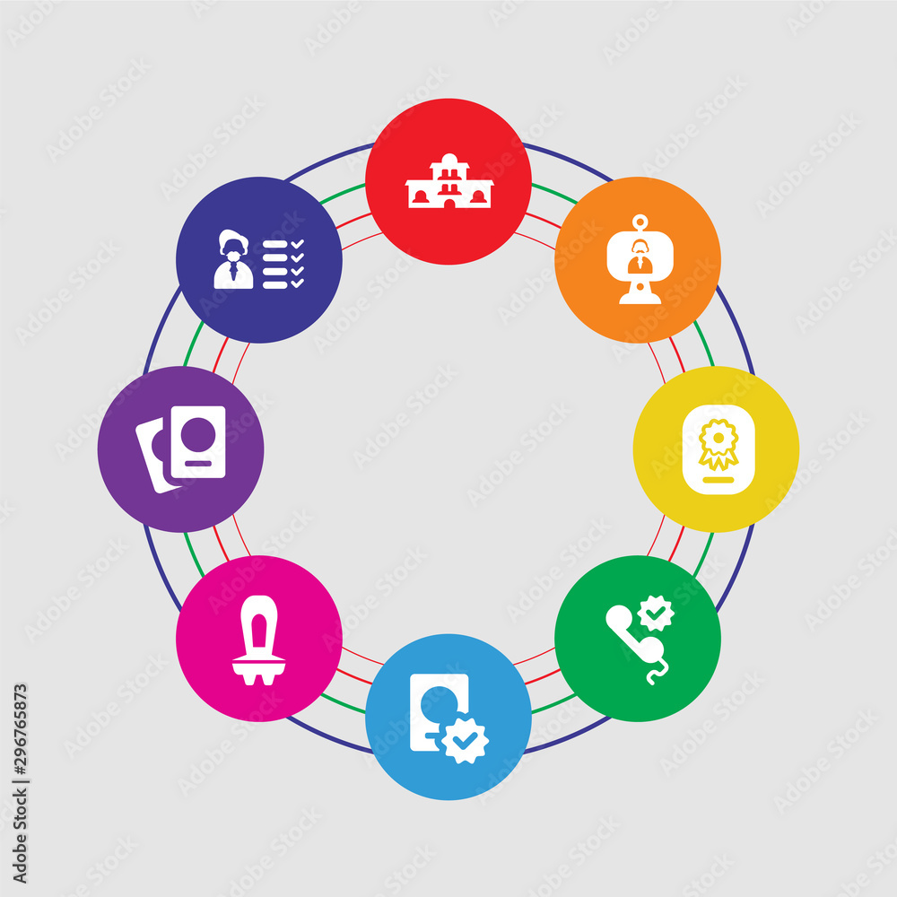 8 colorful round icons set included skills, hiring, chair, approved, contact, certificate, video conference, company 8 colorful round icons set included skills, hiring, chair, approved, contact, certificate, video conference, company