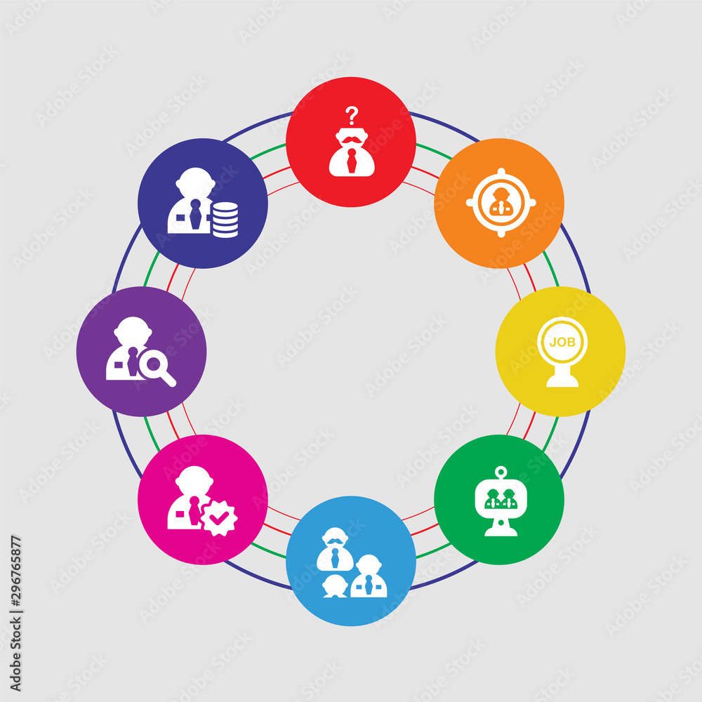 8 colorful round icons set included salary, recruitment, approval, interview, video conference, job, selection, thinking 8 colorful round icons set included salary, recruitment, approval, interview, video conference, job, selection, thinking