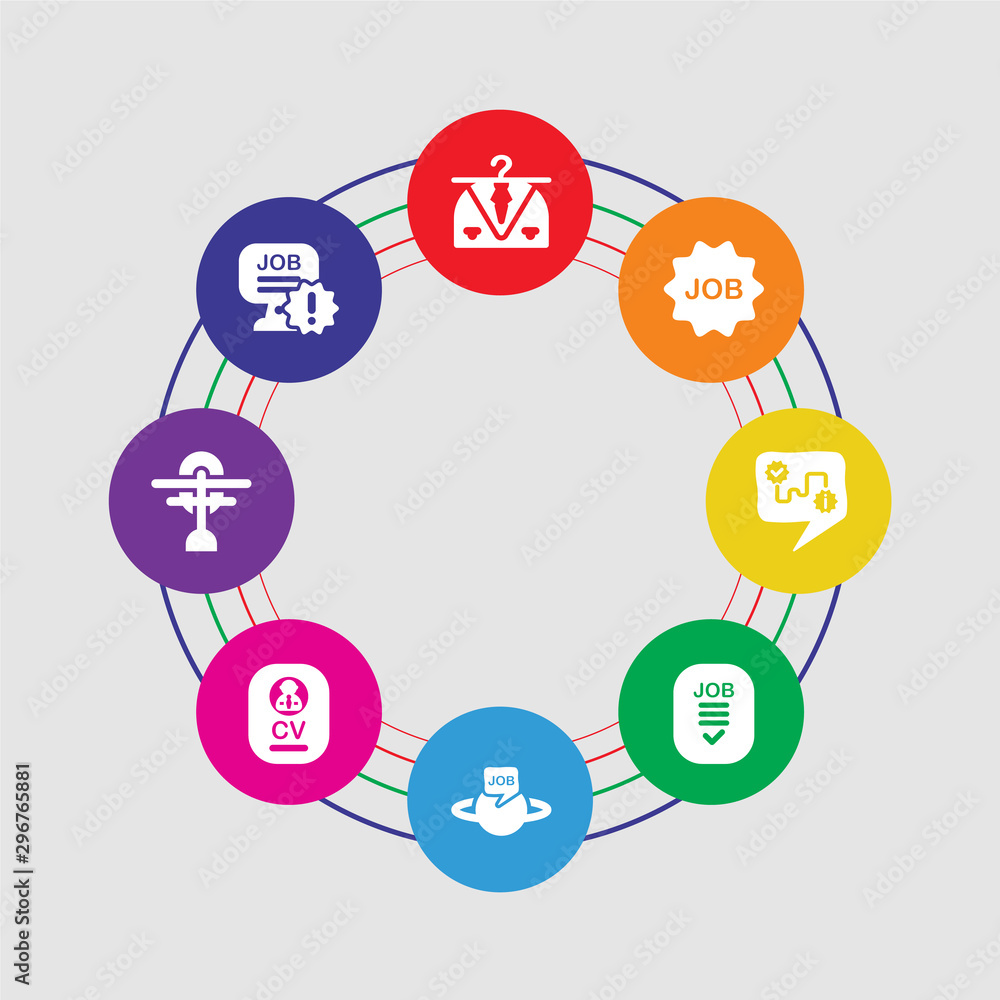 8 colorful round icons set included notification, microphone, curriculum, job, contract, strategy, job, clothes 8 colorful round icons set included notification, microphone, curriculum, job, contract, strategy, job, clothes