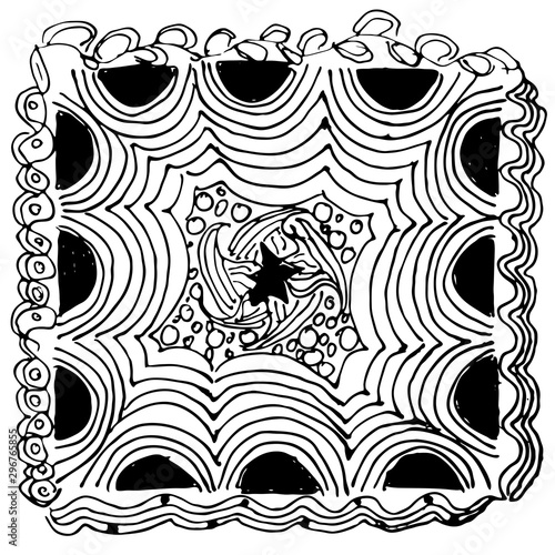 Hand drawn zentangle ornament. Black and white abstract pattern. Ink drawing imitation.