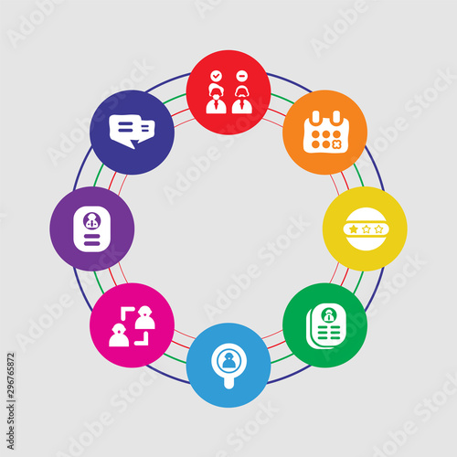 8 colorful round icons set included conversation, resume, conversation, recruitment, profiles, rating, appointment, hi