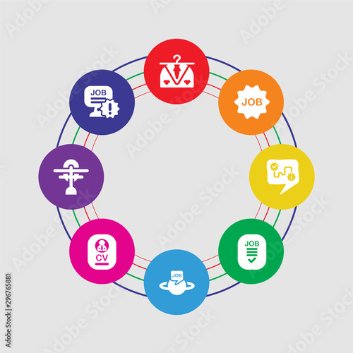 8 colorful round icons set included notification, microphone, curriculum, job, contract, strategy, job, clothes © TOPVECTORSTOCK
