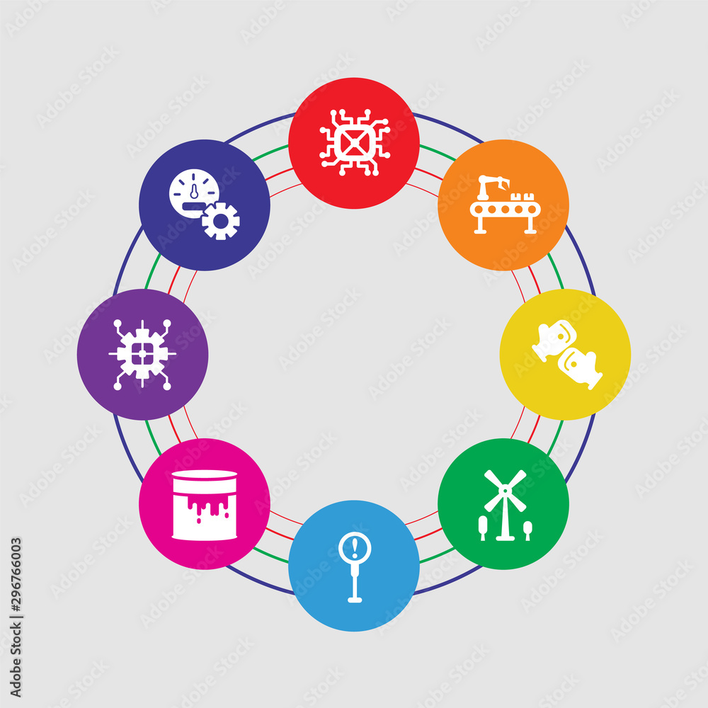 8 colorful round icons set included control panel, cpu, barrel, danger, windmill, gloves, conveyor, cpu 8 colorful round icons set included control panel, cpu, barrel, danger, windmill, gloves, conveyor, cpu