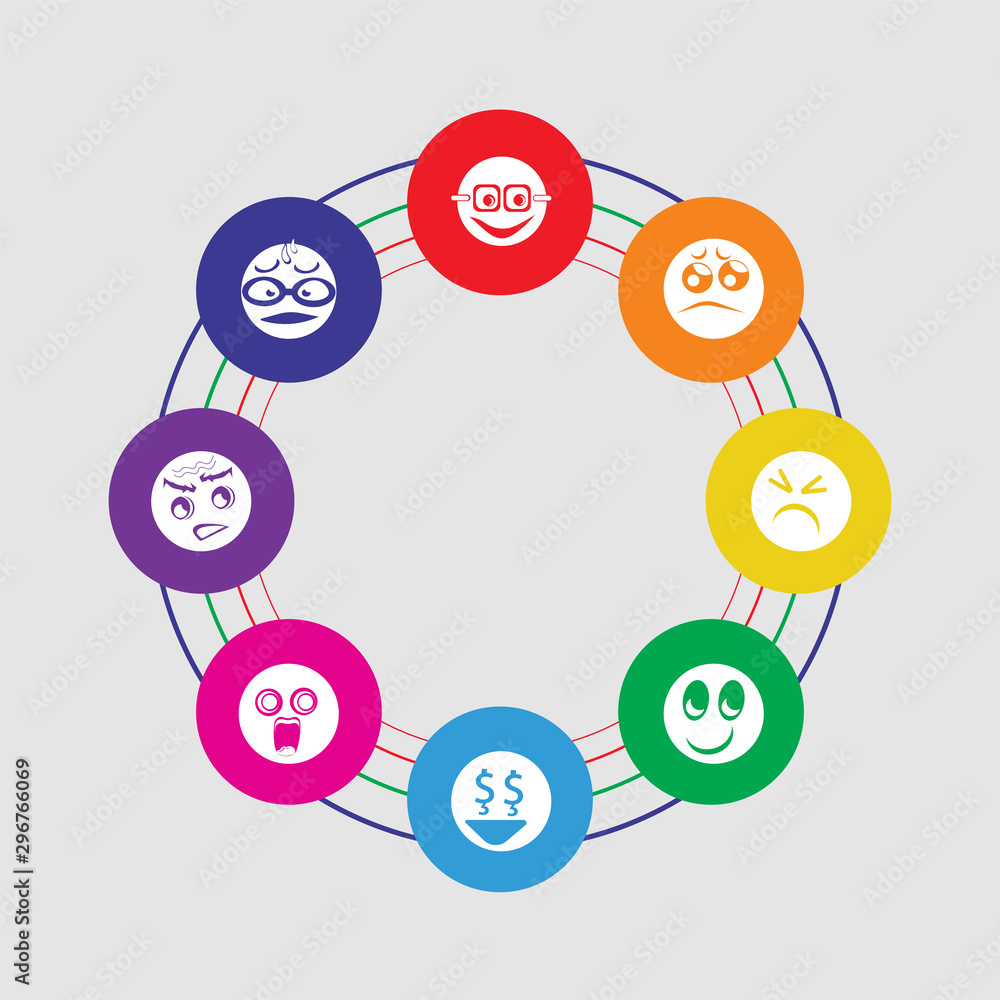 8 colorful round icons set included nerd, sad, shocked, greed, happy, sad, angry, cool