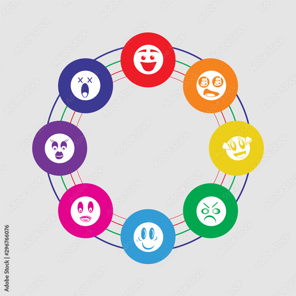 8 colorful round icons set included dead, girl, angry, happy, angry, surprised, hypnotized, happy 8 colorful round icons set included dead, girl, angry, happy, angry, surprised, hypnotized, happy