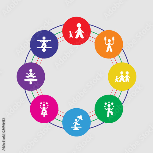 8 colorful round icons set included tightrope walker man, jumping man, juggler man, tightrope walker juggler family circus stunt giant