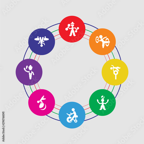 8 colorful round icons set included aerialist man, ringmaster man, acrobat man, circus stunt juggler trapeze artist hoop strongman