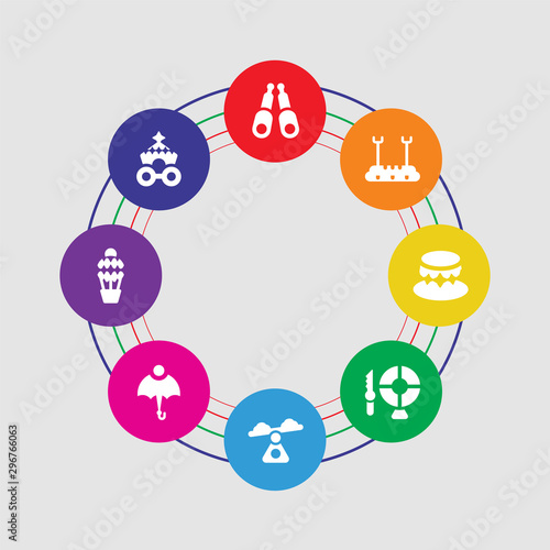 8 colorful round icons set included circus wagon, hot air balloon, umbrella, swing, knife throwing, circus podium, trapeze bar, jugglin