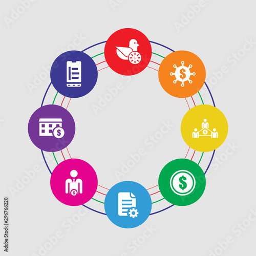 8 colorful round icons set included bar chart, market, investor, report, dollar, community, crowdfunding, early bird
