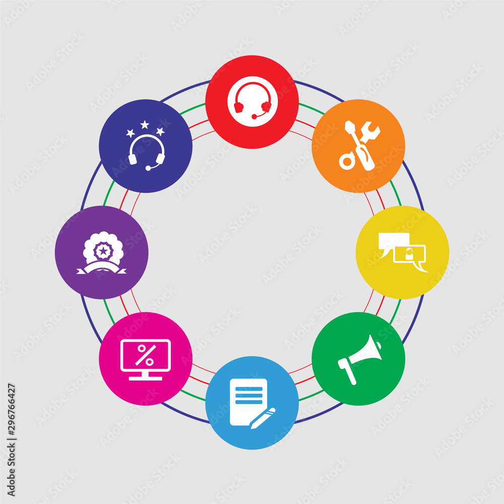 8 colorful round icons set included headphones, ribbon, rate, list, megaphone, support, edit, headphones 8 colorful round icons set included headphones, ribbon, rate, list, megaphone, support, edit, headphones