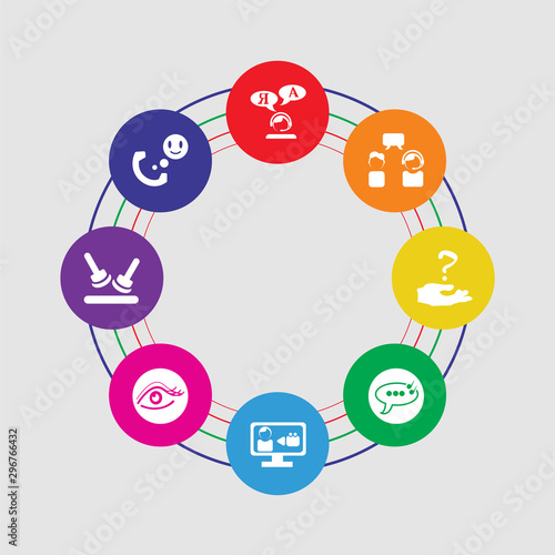 8 colorful round icons set included calling, stamp, eye, video call, chat, question, customer service, translator