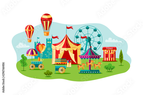 Amusment park with circus tent, carousel, castle, big whell, air ballon. Great for carnival, theme park, circus, funfair. Vector illustration for invites, poster, ticket.