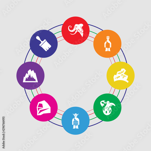 8 colorful round icons set included brush, cave, stone, troglodyte, dinosaur, rock art, troglodyte, mammoth