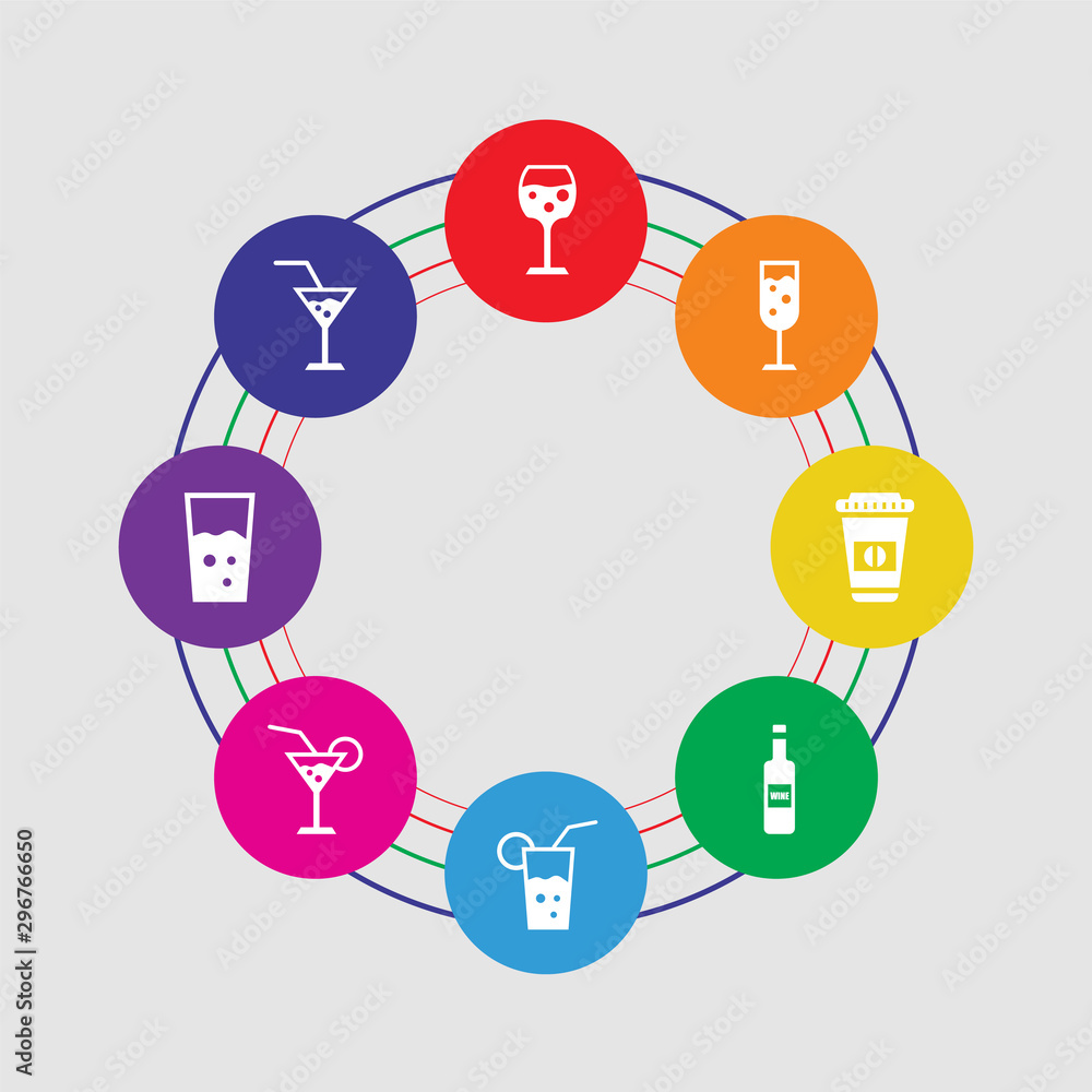 8 colorful round icons set included glass, glass, glass, wine bottle, paper cup, 8 colorful round icons set included glass, glass, glass, wine bottle, paper cup,