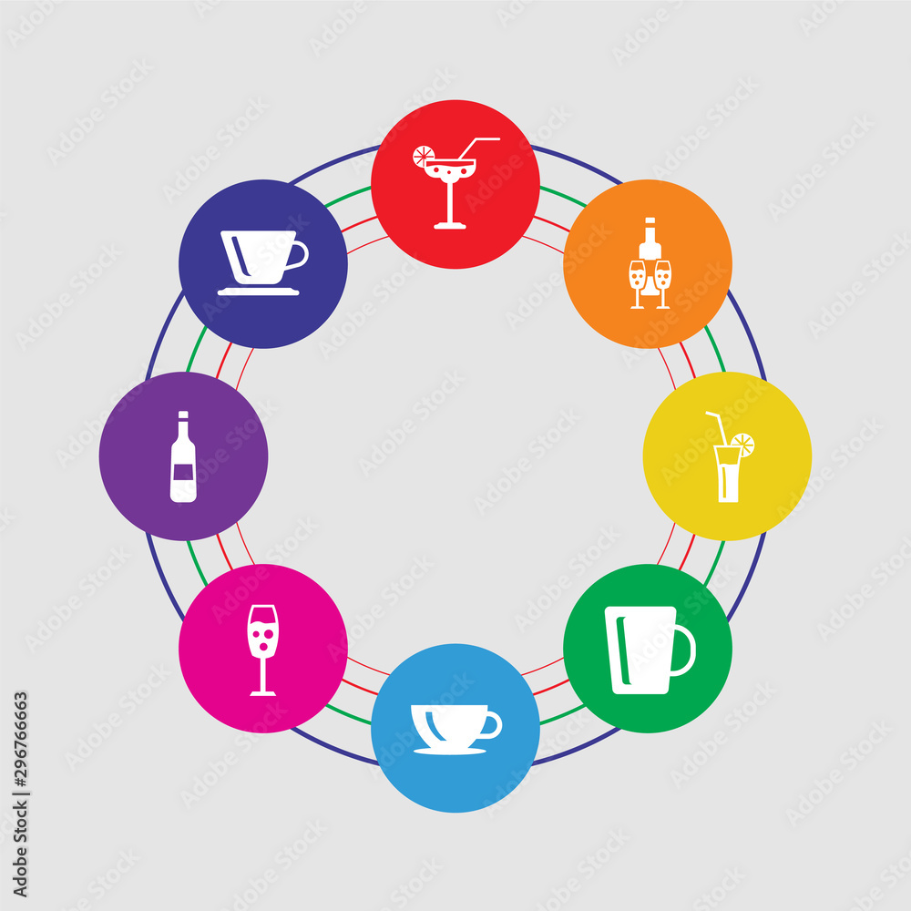 8 colorful round icons set included cup, champagne, cup, cup, bloody mary, wine, margarita 8 colorful round icons set included cup, champagne, cup, cup, bloody mary, wine, margarita