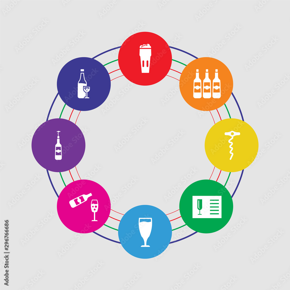 8 colorful round icons set included wine bottle, corkscrews and bottle of wine, glass and bottle of wine, glass of list, sorkscrew, bottles, pint beer