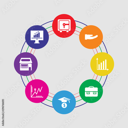 8 colorful round icons set included bar chart, market, profits, education, briefcase, growth, healthcare, safebox © TOPVECTORSTOCK