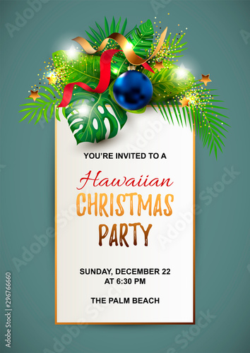 Hawaiian Christmas party invitation with exotic tropical leaves, festive balls, golden confetti. Great for greeting card, Happy New Year party at the beach, flyer, poster. Place for text. Vector ESP10