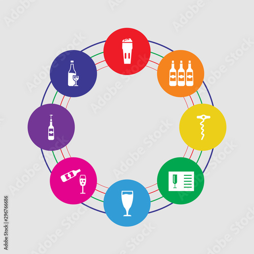 8 colorful round icons set included wine bottle, corkscrews and bottle of wine, glass and bottle of wine, glass of list, sorkscrew, bottles, pint beer