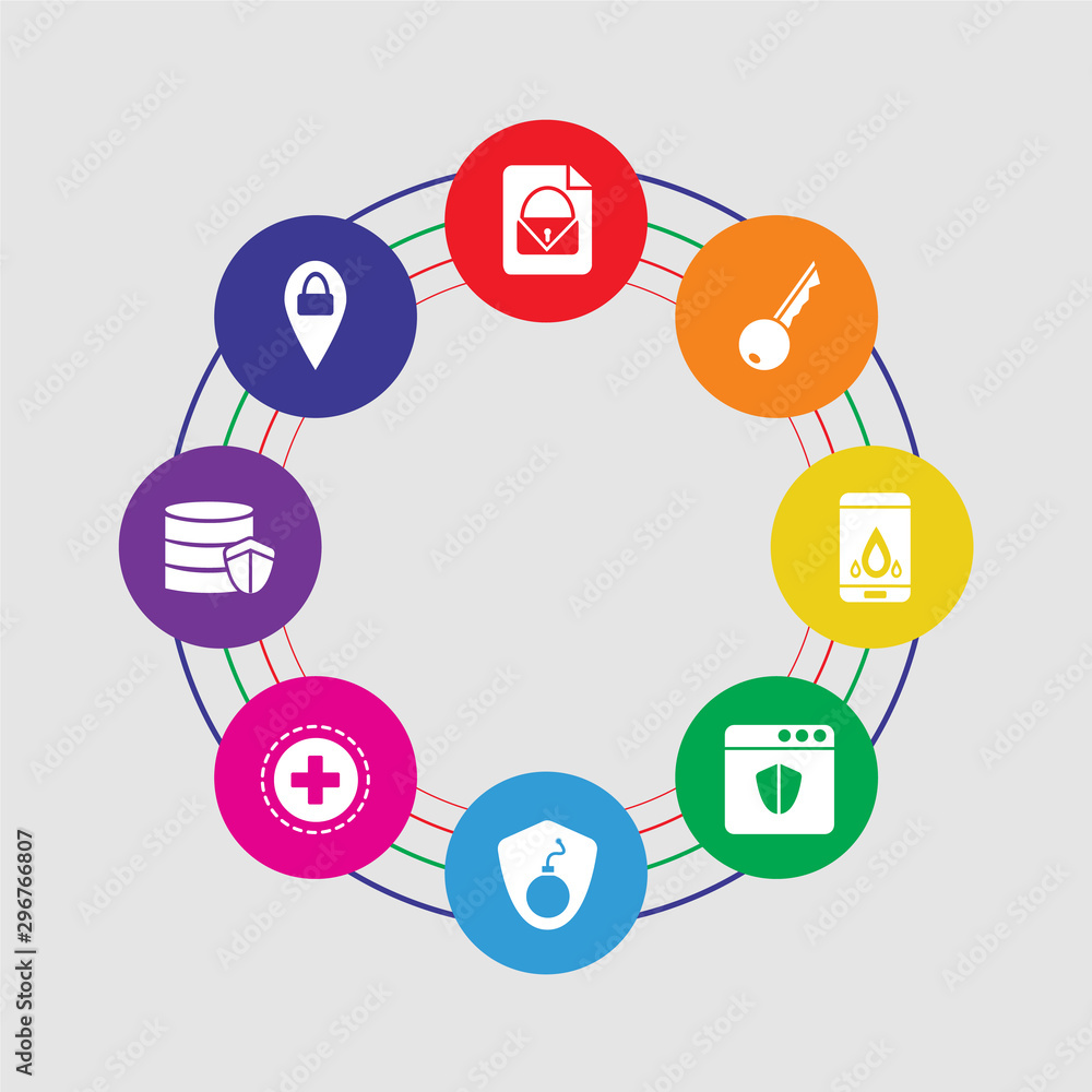 8 colorful round icons set included unlocked, database, add, attack, antivirus, fire, key, unlocked 8 colorful round icons set included unlocked, database, add, attack, antivirus, fire, key, unlocked
