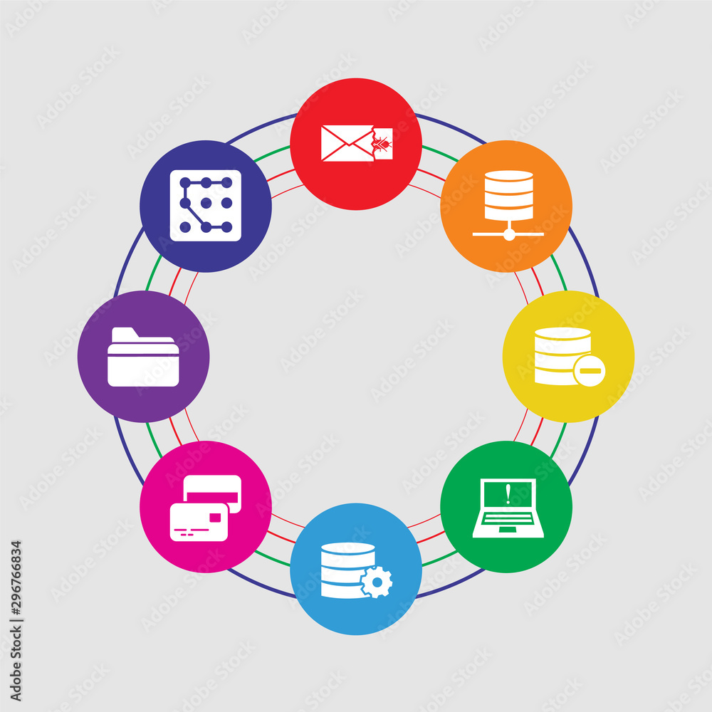 8 colorful round icons set included pattern, folder, cit card, server, laptop, database, database, spam 8 colorful round icons set included pattern, folder, cit card, server, laptop, database, database, spam
