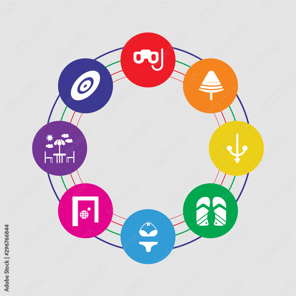 8 colorful round icons set included disc golf, terrace, solstice, bikini, flip flops, anchor, watermelon, snorkel 8 colorful round icons set included disc golf, terrace, solstice, bikini, flip flops, anchor, watermelon, snorkel