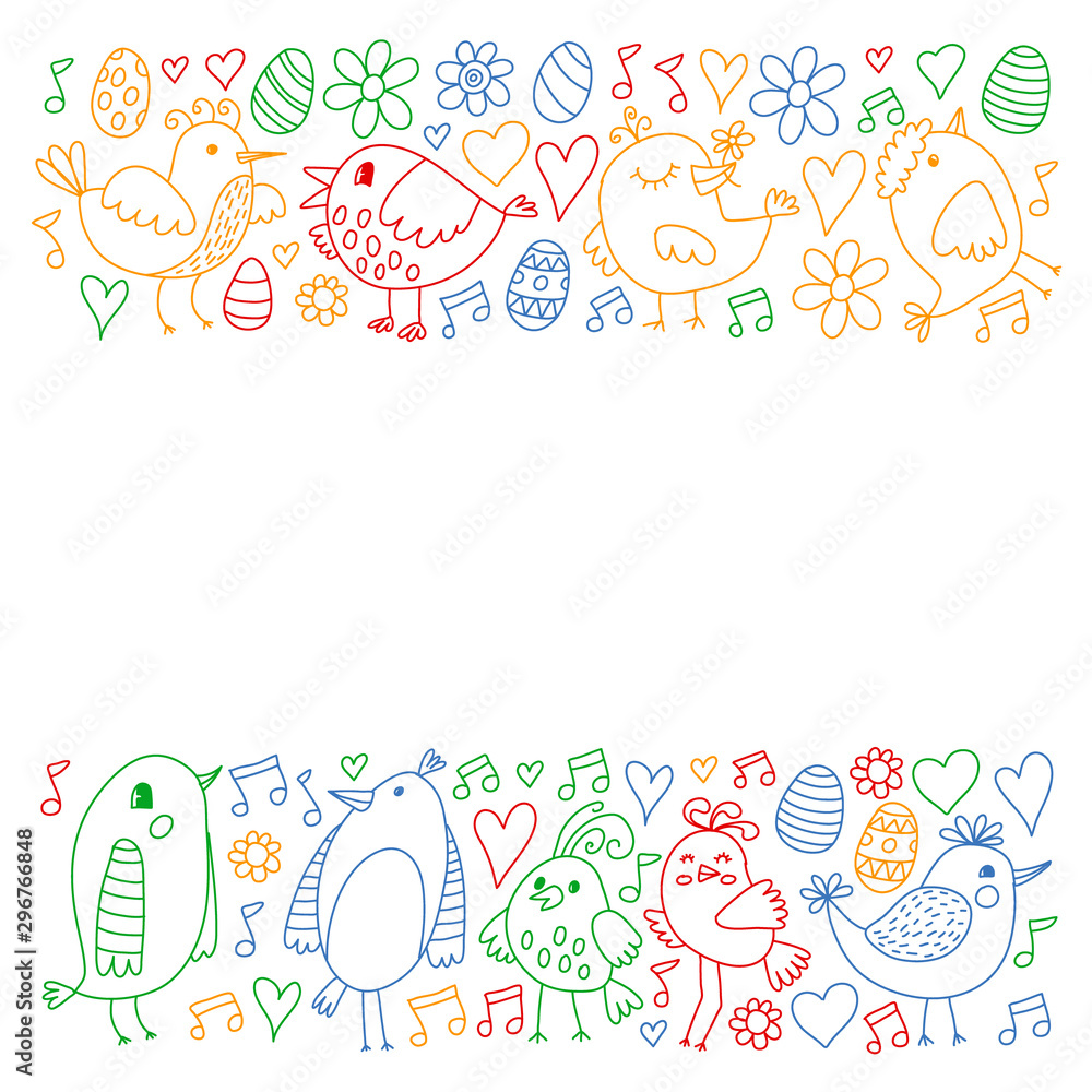 Pattern kids fabric, textile, nursery wallpaper. Vector illustration. Hand drawn singing birds and flowers for little children. Pattern kids fabric, textile, nursery wallpaper. Vector illustration. Hand drawn singing birds and flowers for little children.
