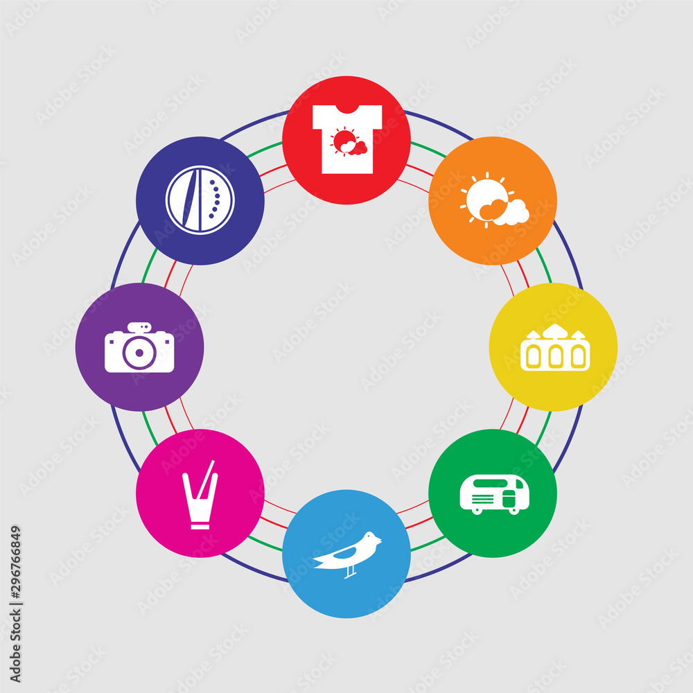 8 colorful round icons set included watermelon, photo camera, milkshake, seagull, caravan, sand castle, sun, shirt 8 colorful round icons set included watermelon, photo camera, milkshake, seagull, caravan, sand castle, sun, shirt